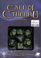 7 DICE RPG SET -  7 DICE, BLACK & GREEN -  CALL OF CTHULHU Q-WORKSHOP