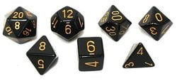 7 DICE RPG SET -  7 DICE, BLACK WITH GOLD -  OPAQUE CHX