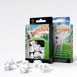 7 DICE RPG SET -  7 DICE, BRIGHT WHITE AND BLACK -  LLAMA Q-WORKSHOP