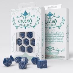 7 DICE RPG SET -  7 DICE, ELVISH COBALT & SILVER -  ELVEN Q-WORKSHOP