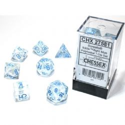 7 DICE RPG SET -  7 DICE, ICICLE WITH LIGHT BLUE - GLOW IN THE DARK -  BOREALIS CHX