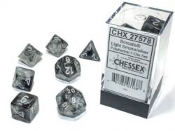 7 DICE RPG SET -  7 DICE, LIGHT SMOKE WITH SILVER - GLOW IN THE DARK -  BOREALIS CHX