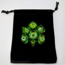 7 DICE RPG SET -  7 DICE, LIQUID CORE EYES SET, GREEN WITH POUCH LIQUID CORE