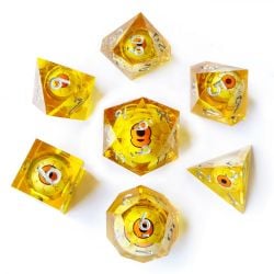 7 DICE RPG SET -  7 DICE, LIQUID CORE EYES SET, YELLOW WITH POUCH LIQUID CORE