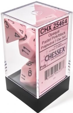 7 DICE RPG SET -  7 DICE, OPAQUE PASTEL PINK / BLACK -  OPAQUE CHX