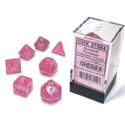 7 DICE RPG SET -  7 DICE, PINK WITH SILVER - GLOW IN THE DARK -  BOREALIS CHX