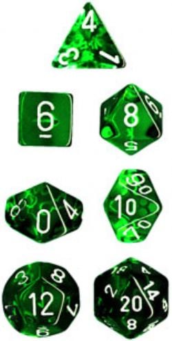 7 DICE RPG SET -  7 DICE, TRANSLUCENT GREEN / WHITE -  TRANSLUSCENT CHX