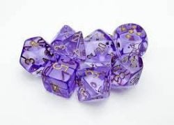 7 DICE RPG SET -  7 DICE, TRANSLUSCENT LAVENDER/GOLD WITH BONUS DICE -  TRANSLUSCENT CHX