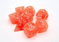 7 DICE RPG SET -  7 DICE, TRANSLUSCENT NEON ORANGE/WHITE WITH BONUS DICE -  TRANSLUSCENT CHX