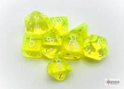 7 DICE RPG SET -  7 DICE, TRANSLUSCENT NEON YELLOW/WHITE WITH BONUS DICE -  TRANSLUSCENT CHX