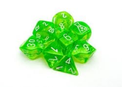 7 DICE RPG SET -  7 DICE, TRANSLUSCENT RAD GREEN/WHITE WITH BONUS DICE -  TRANSLUSCENT CHX