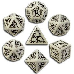 7 DICE RPG SET -  7 DICE, WHITE AND BLACK -  ELVEN Q-WORKSHOP