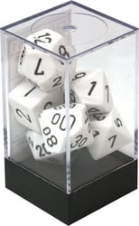 7 DICE RPG SET -  7 DICE, WHITE WITH BLACK -  OPAQUE CHX