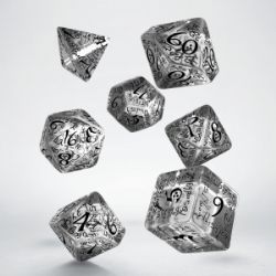 7 DICE RPG SET -  TRANSPARENT WITH BLACK -  ELVEN Q-WORKSHOP