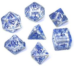 7 DICE RPG SET -  TRANSPARENT WITH BLUE -  ELVEN Q-WORKSHOP