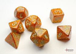 7 MINIATURE DICE, GOLD WITH SILVER - GLITTER