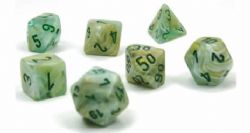 7 MINIATURE DICE, GREEN WITH DARK GREEN -  MARBLE