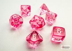7 MINIATURE DICE, PINK WITH WHITE - TRANSLUCENT
