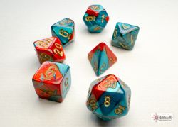 7 MINIATURE DICE, RED-TEAL WITH GOLD - GEMINI