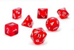 7 MINIATURE DICE, RED WITH WHITE -  TRANSPARENT