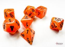 7 MINIATURE DICE RPG SET -  7 MINIATURE DICE, BLACK WITH ORANGE - VORTEX -  VORTEX CHX