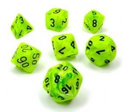 7 MINIATURE DICE RPG SET -  7 MINIATURE DICE, BRIGHT GREEN WITH BLACK -  VORTEX CHX