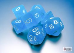 7 MINIATURE DICE RPG SET -  7 MINIATURE DICE, CARIBBEAN BLUE WITH WHITE - FROSTED -  FROSTED CHX