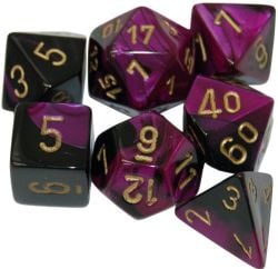 7 MINIATURE DICE RPG SET -  7 MINIATURE DICE, GEMINI BLACK-PURPLE/GOLD -  MINIATURE CHX