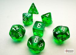 7 MINIATURE DICE RPG SET -  7 MINIATURE DICE, GREEN/ WHITE - TRANSLUCENT -  TRANSLUSCENT CHX