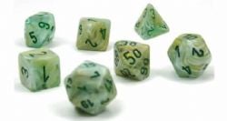 7 MINIATURE DICE RPG SET -  7 MINIATURE DICE, GREEN WITH DARK GREEN -  MARBLE CHX