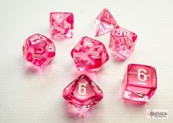 7 MINIATURE DICE RPG SET -  7 MINIATURE DICE, PINK WITH WHITE - TRANSLUCENT -  TRANSLUSCENT CHX