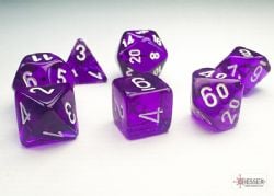 7 MINIATURE DICE RPG SET -  7 MINIATURE DICE, PURPLE WITH WHITE - TRANSLUCENT -  TRANSLUSCENT CHX