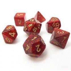 7 MINIATURE DICE, RUBY RED WITH GOLD -  GLITTER