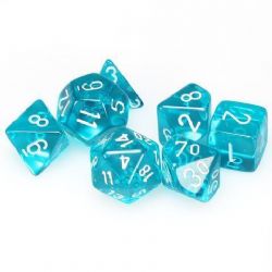 7 MINIATURE DICE, TEAL WITH WHITE -  TRANSLUCENT
