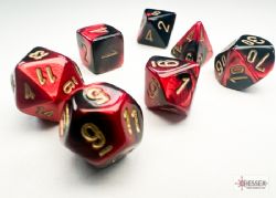 7DICE RPG SET -  7 MINIATURE DICE, BLACK-RED WITH GOLD - GEMINI