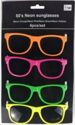 80'S -  4 PAIRS OF NEON SUNGLASSES - PINK/GREEN/ORANGE/YELLOW (ADULT)