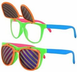 80'S -  CLEAR GLASSES WITH FLIP-UP SUNGLASSES - NEON