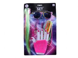 80'S -  NEON ACCESSORIES SET - GLOVES (2), EARRINGS (2), GLASSES, NECKLACE AND HAIR EXTENSION (ADULT)