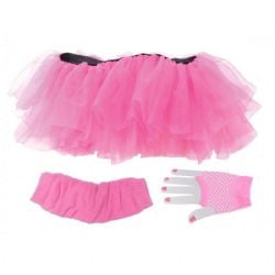 80'S -  TUTU, LEG WARMERS AND LACE GLOVES SET - NEON PINK