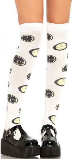 ALICE IN WONDERLAND -  OVER THE KNEE SOCKS - TICK TOCK - WHITE (ADULT - ONE SIZE) -  KNEE HIGH