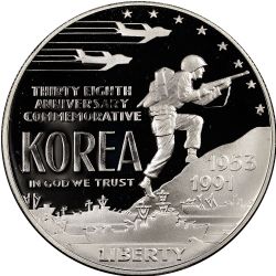 AMERICAN PROOF -  KOREAN WAR MEMORIAL SILVER DOLLAR -  1991 UNITED STATES COINS