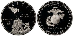 AMERICAN PROOF -  MARINE CORPS 230TH ANNIVERSARY SILVER DOLLAR -  2005 UNITED STATES COINS