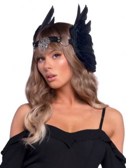 ANIMALS -  FEATHER HEADBAND WITH O-RING AND METAL FILIGREE MEDALLION - BLACK (ONE SIZE)
