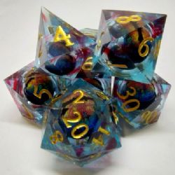 BLOODLINES DRAGON'S EYE LIQUID CORE DICE KIT -  BLUE AND RED IN A BLACK SUEDE POUCH (7)