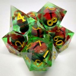BLOODLINES DRAGON'S EYE LIQUID CORE DICE KIT -  GREEN AND RED IN A BLACK SUEDE POUCH (7)