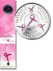 BREAST CANCER -  25-CENT PINK RIBBON COIN BOOKMARK WITH COMMEMORATIVE PIN -  2006 CANADIAN COINS