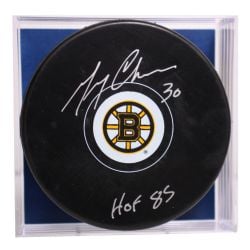 BRUINS OF BOSTON -  GERRY CHEEVERS AUTOGRAPHED HOCKEY PUCK - (LOGO)