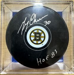 BRUINS OF BOSTON -  GERRY CHEEVERS AUTOGRAPHED HOCKEY PUCK - (LOGO)