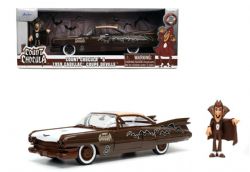 CADILLAC -  1959 CADILLAC COUPE DEVILLE 1/24 WITH COUNT CHOCULA FIGURINE - BROWN AND WHITE WITH GRAPHICS -  HOLLYWOOD RIDES