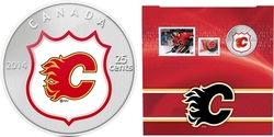 CALGARY FLAMES -  CALGARY FLAMES LOGO - STAMPS AND COIN SET -  2014 CANADIAN COINS